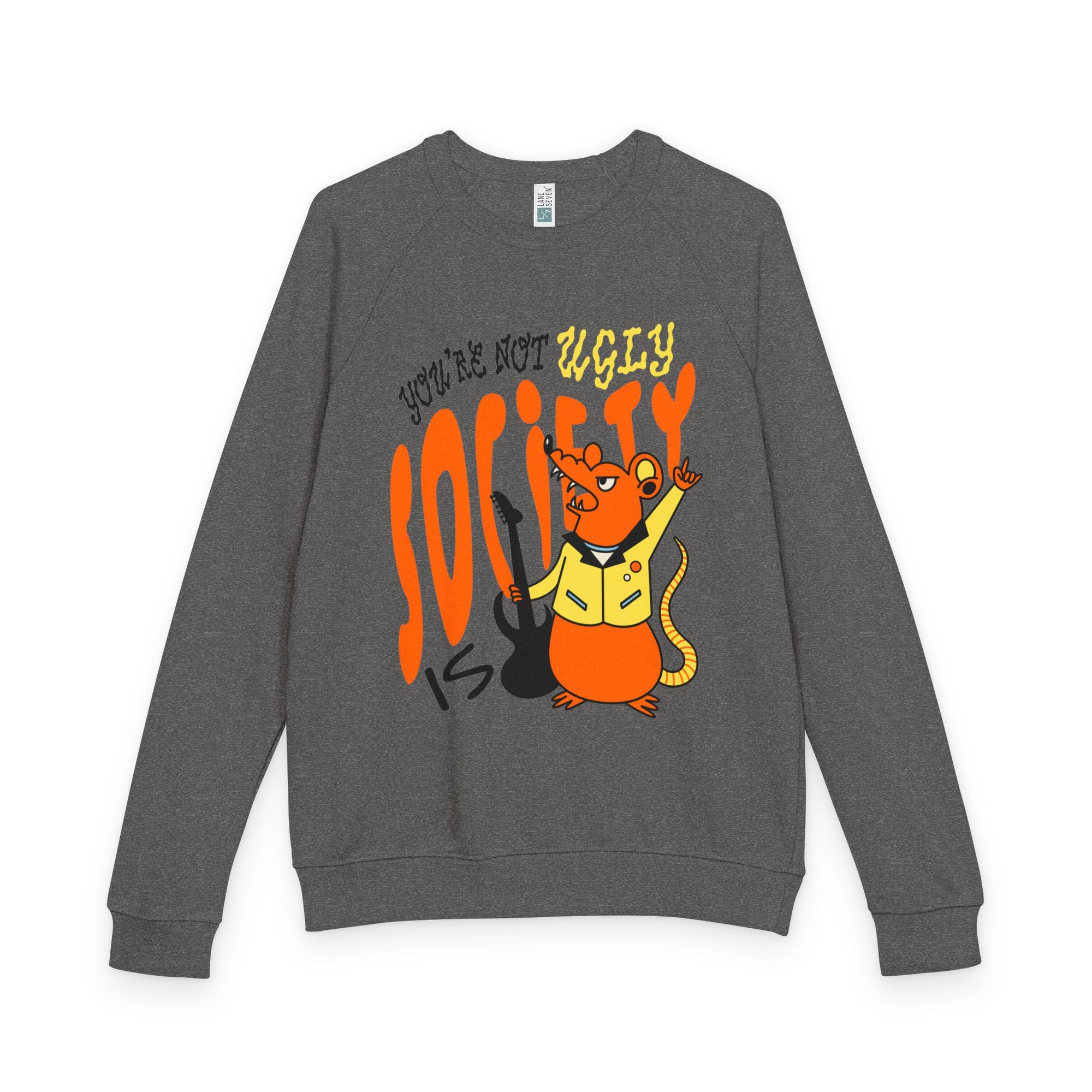 Gray sweatshirt with a colorful graphic of a mouse and text on a white background