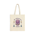 Tote bag with skull design and text 'My organized chaos' on a white background
