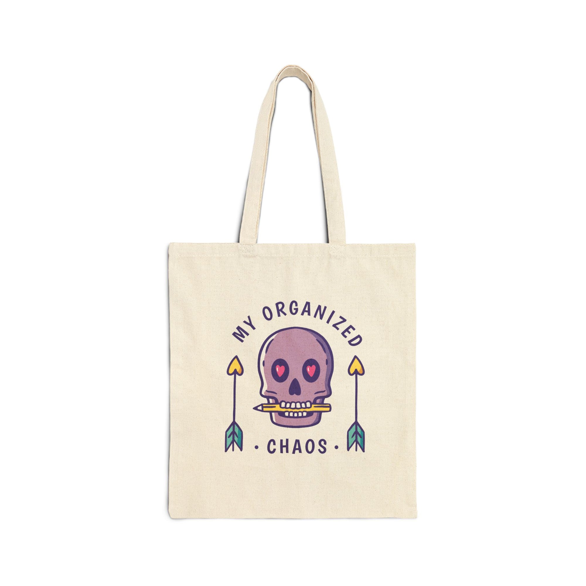 Tote bag with skull design and text 'My organized chaos' on a white background