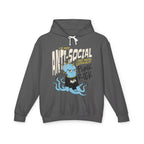 Gray hoodie with a graphic design featuring text and a blue character on a white background