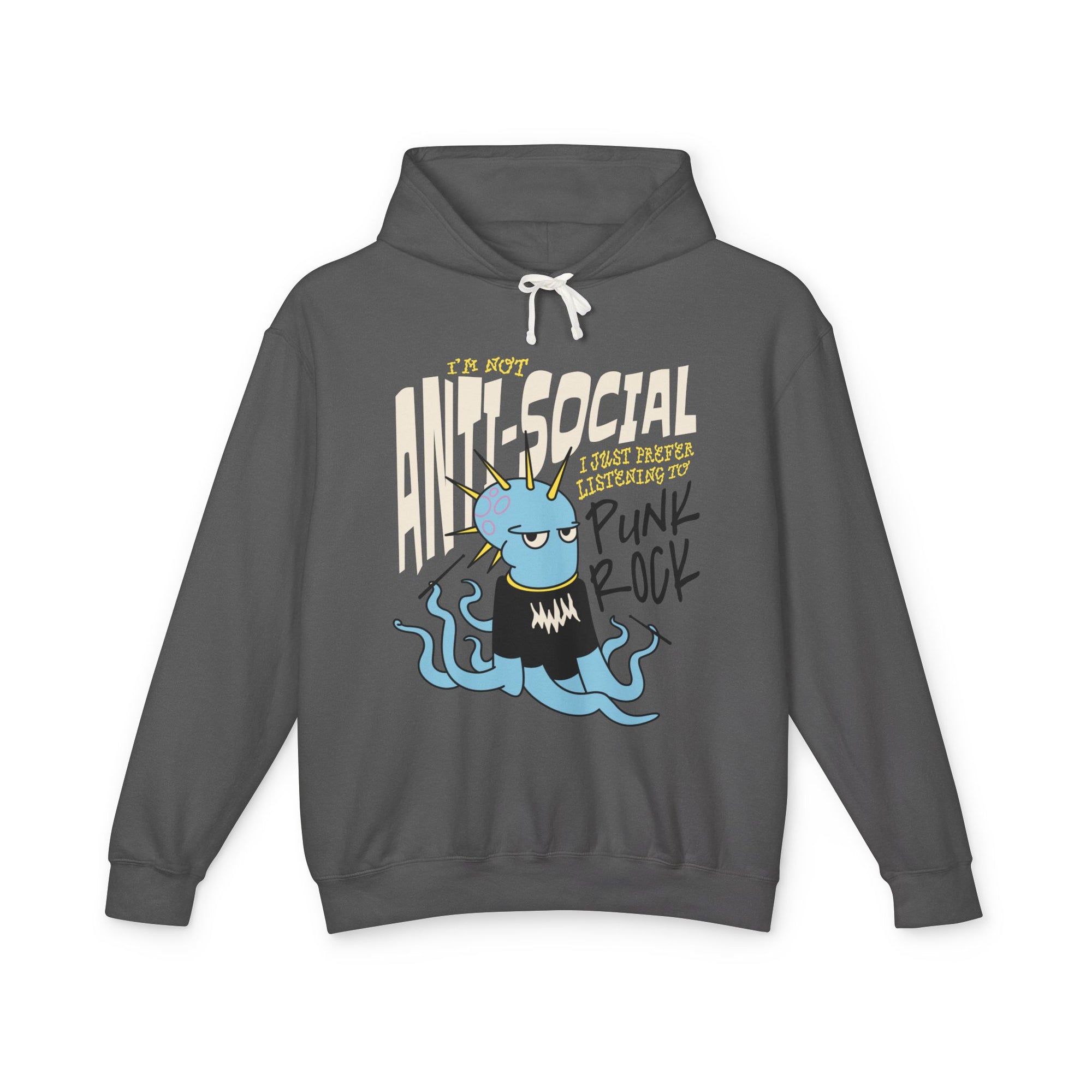 Gray hoodie with a graphic design featuring text and a blue character on a white background