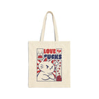 Tote bag with a cat graphic and text on a white background