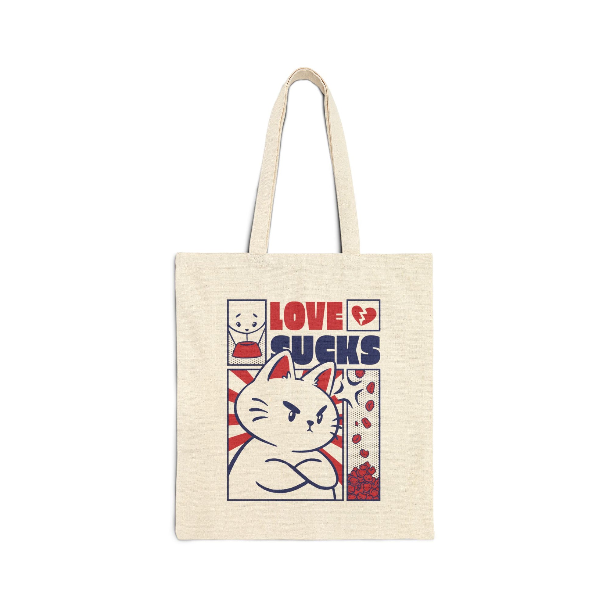 Tote bag with a cat graphic and text on a white background