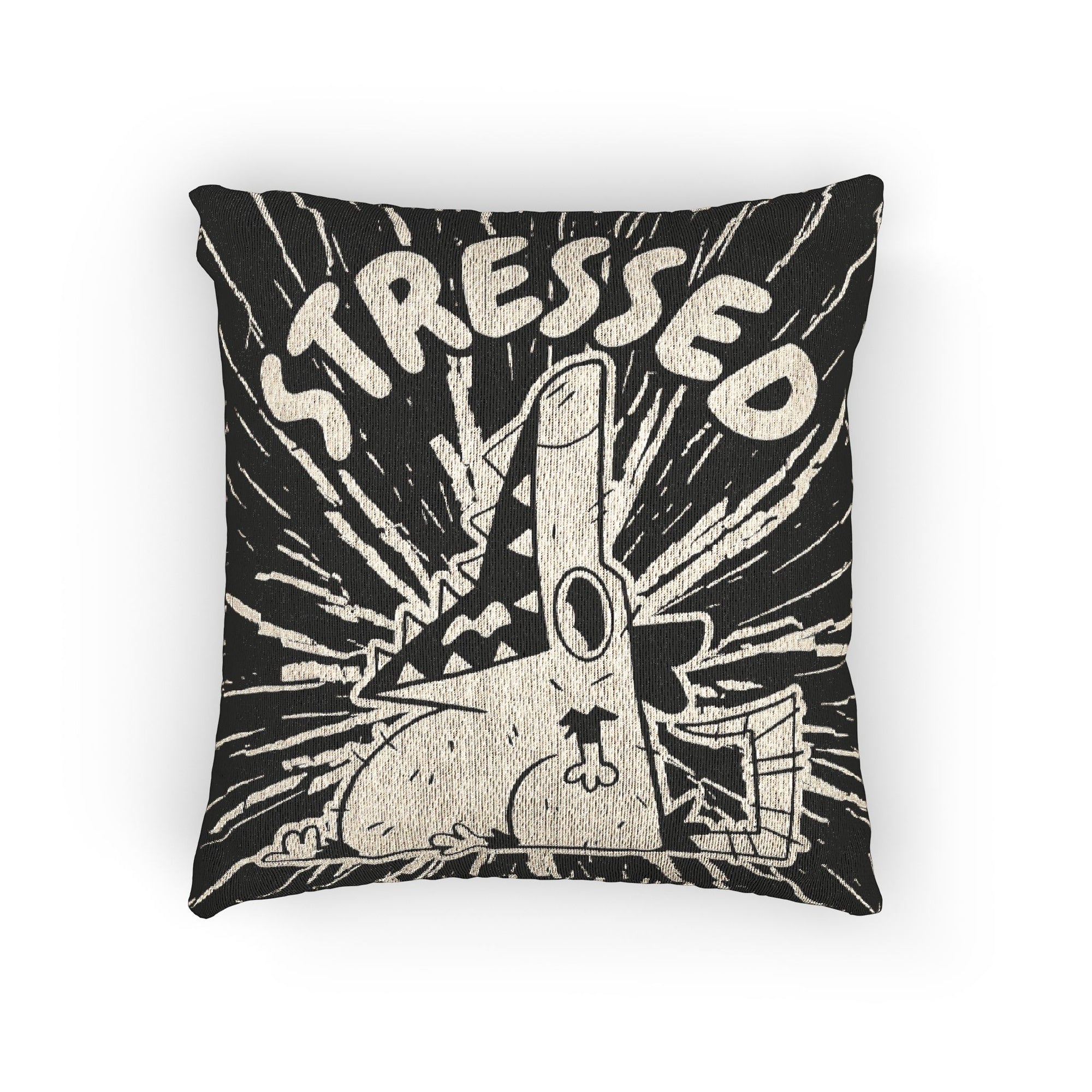 Pillow with cartoon character and 'STRESSED' text on a black background